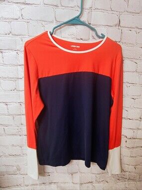 Lands End Womens UPF Rashguard  Large Pink Blue Colorblock Swim Long Shirt Beach